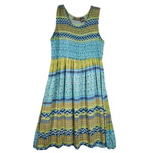VTG 90s Y2K Womens Jane Ashley Large Blue Green Geometric Dress Smocked Boho